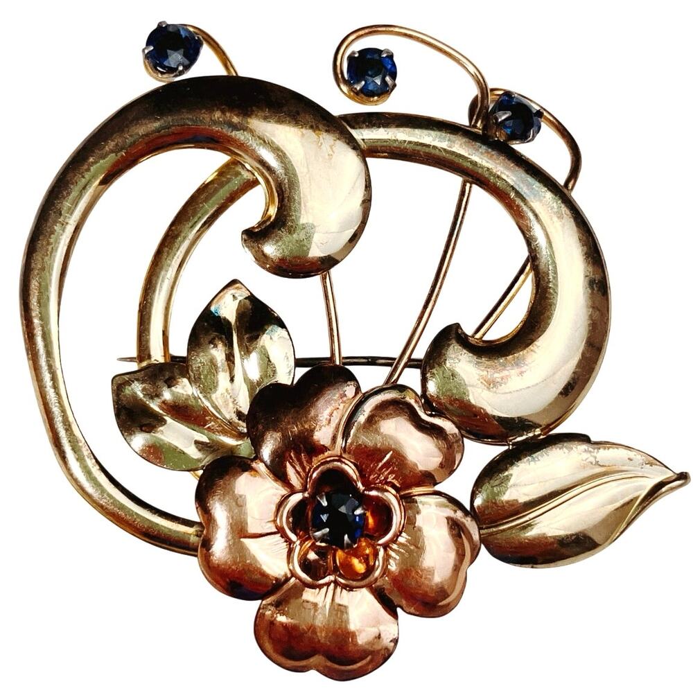 VTG Signed Harry Iskin Mid Century Gold Filled Floral Brooch Blue Rhinestone 40s